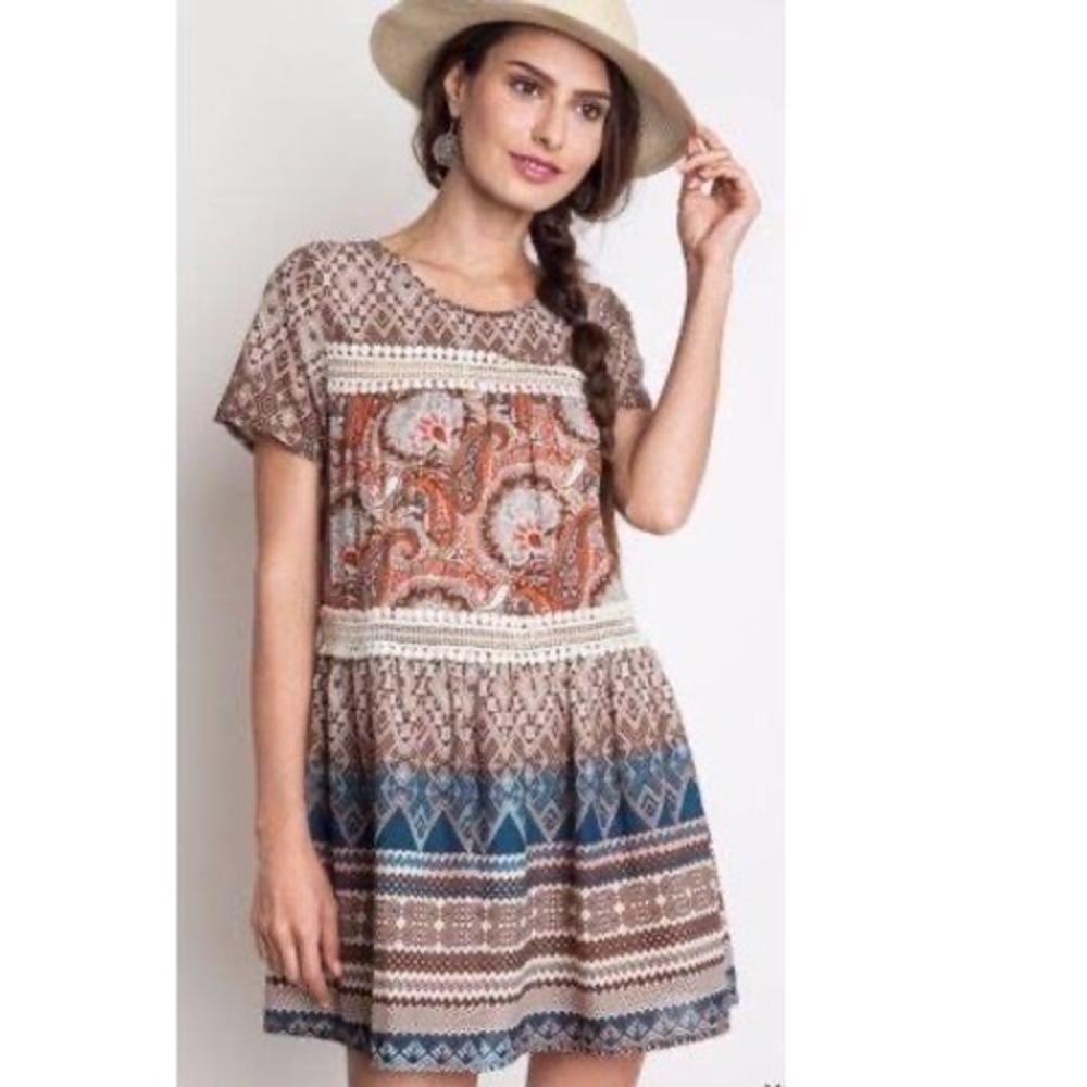 Umgee Womens Paisley Geometric Crochet Lace Tiered Babydoll Top Brown L A1505
